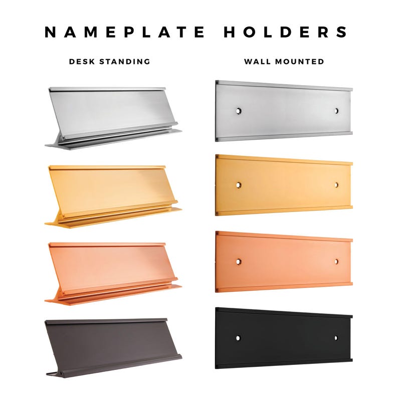 a collection of various desk and wall-mounted nameplate holders in different colors and designs, including silver, gold, orange, black, and plain black.