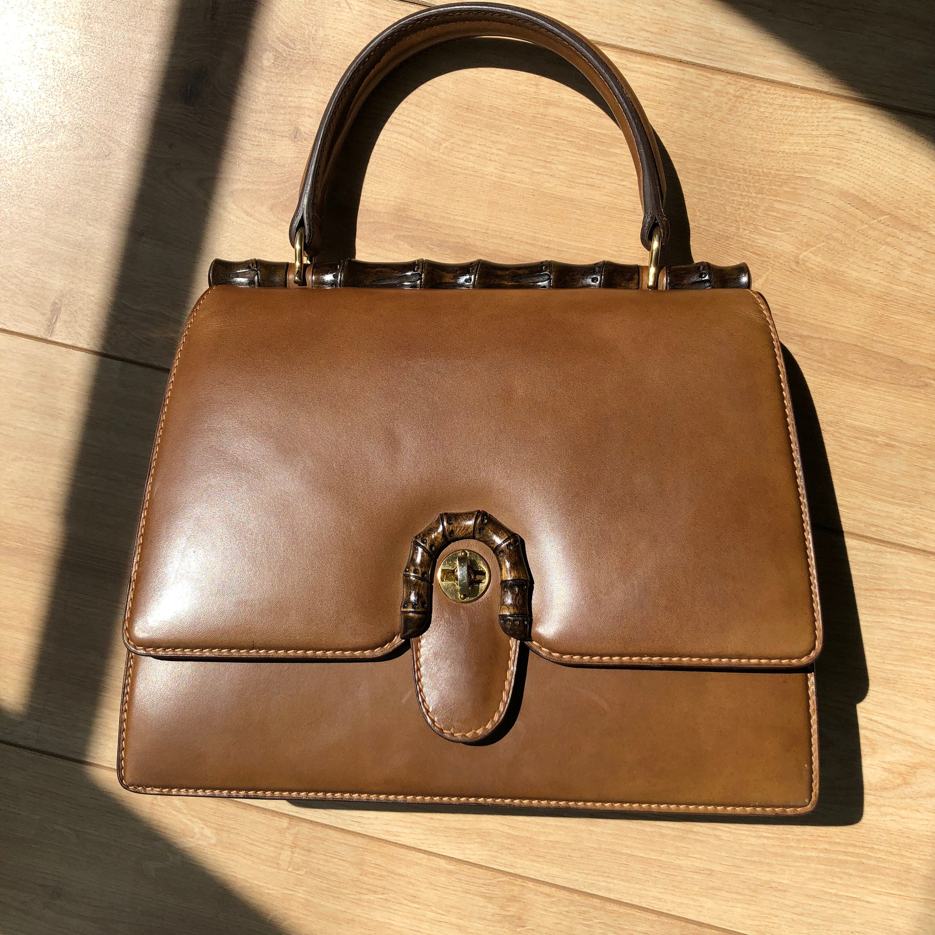 Stunning 1950's Brown Leather Gucci Original Handbag Made in Italy Small  Purse Gold Accents