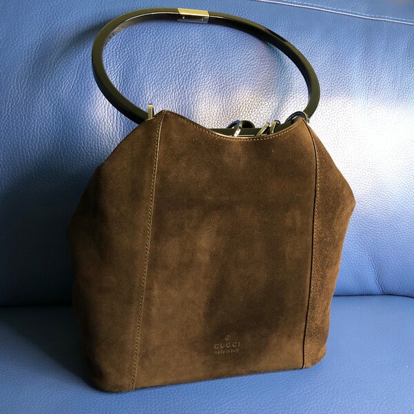 Gucci Brown Ring Handle Suede Handbag