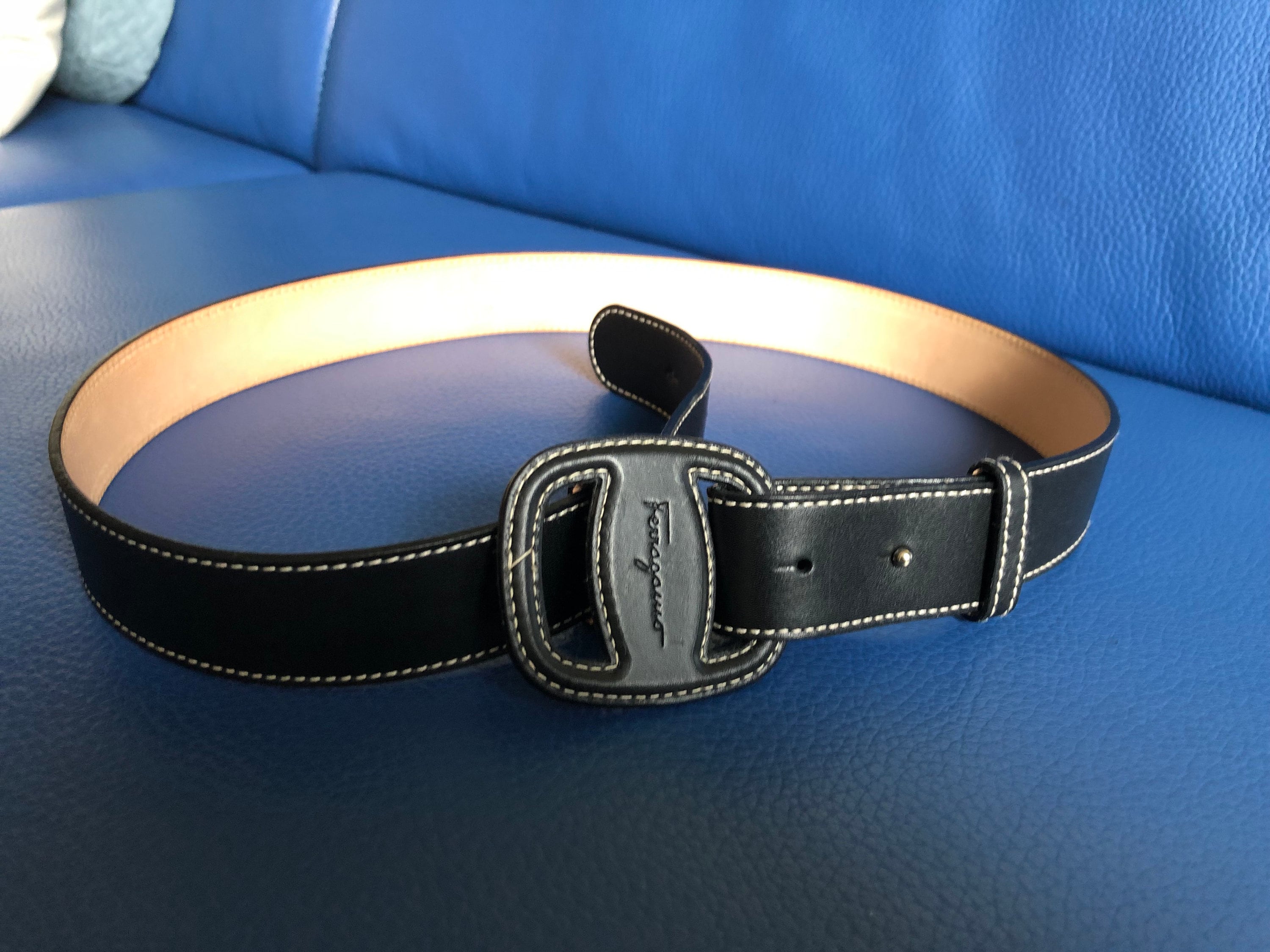 Salvatore Ferragamo Men's Blue 100% Leather Buckle Decorated Belt