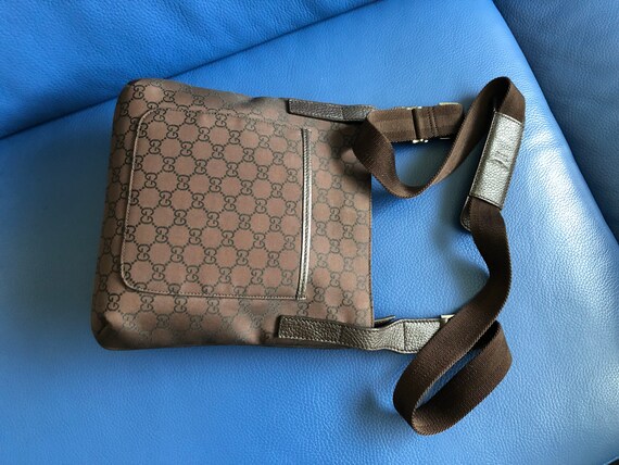 Auth GUCCI Pochette Bag Blue/Gray Canvas Small Adjustable Leather Strap