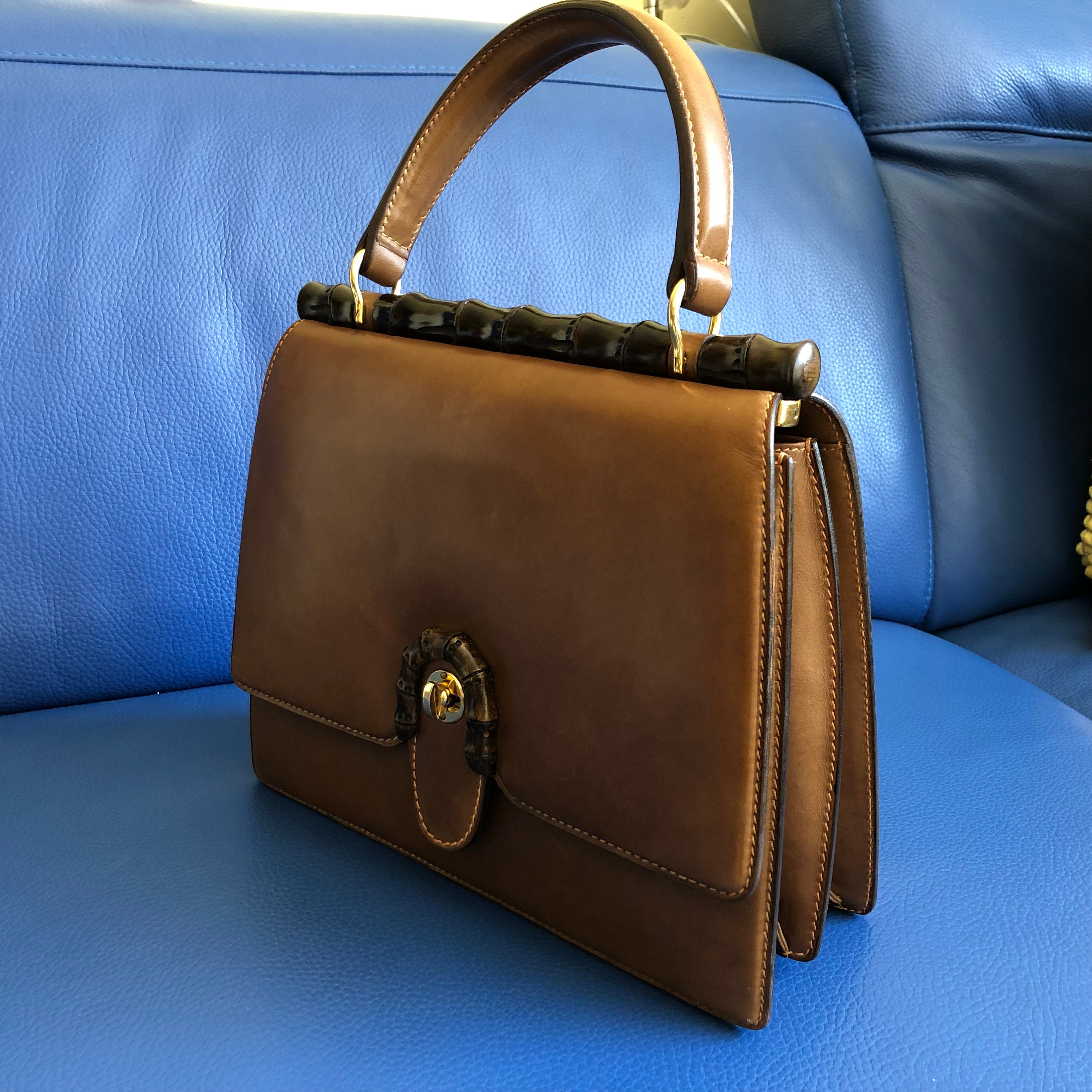 Stunning 1950's Brown Leather Gucci Original Handbag Made in Italy Small  Purse Gold Accents