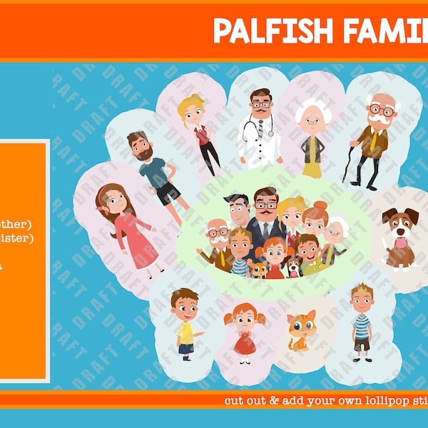 12 Palfish Family Members Cut-Outs inc. Paul, Shelly, Phil, Mother, Father & more! ESL classroom teaching resource.