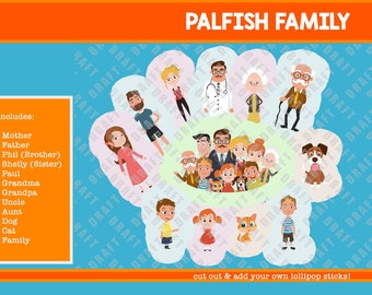 12 Palfish Family Members Cut-Outs inc. Paul, Shelly, Phil, Mother, Father & more! ESL classroom teaching resource.