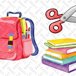 May include: A pink backpack with blue straps and a zippered pocket. The pocket contains pencils, crayons, and a ruler. A stack of colorful books and a pair of red scissors are also pictured.