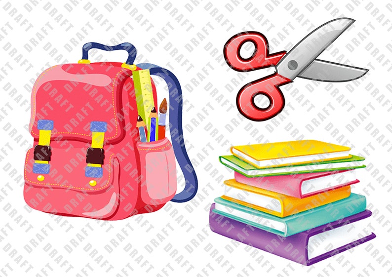 May include: A pink backpack with blue straps and a zippered pocket. The pocket contains pencils, crayons, and a ruler. A stack of colorful books and a pair of red scissors are also pictured.