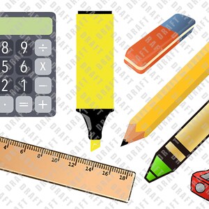 May include: A set of school supplies including a calculator, a yellow highlighter, a pencil, a red and blue eraser, a green and yellow crayon, a ruler, and a red pencil sharpener.