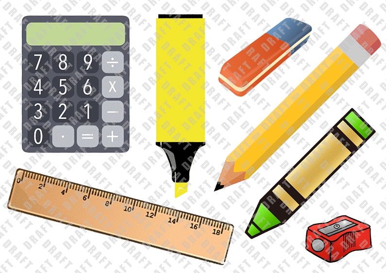 May include: A set of school supplies including a calculator, a yellow highlighter, a pencil, a red and blue eraser, a green and yellow crayon, a ruler, and a red pencil sharpener.