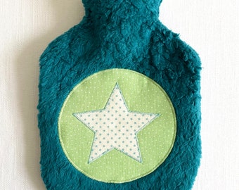 Small hot water bottle "Stern" made of cotton teddy petrol with light green (0.8 L)