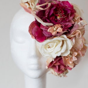 Fuchsia, Cream, light Pink silk floral fascinator used in Stylized glamour portrait photography sessions
