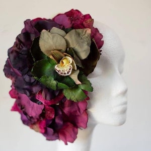 Hot Pink, Purple, and green Tropical fascinator used for stylized portrait photography