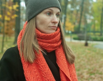 Écharpe corail, écharpe pour femme, écharpe orange d'hiver, écharpe en laine mérinos, écharpe corail pour femme, châle orange, écharpe tricotée en laine corail, écharpe pour fille