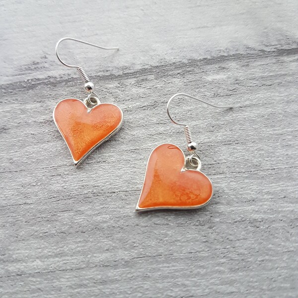 Orange Resin Heart Earrings, Dangle Earrings, Silver Plated, Handmade