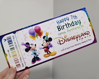 Personalised Birthday Disneyland Paris Disneyworld Foil surprise ticket, souvenir keepsake voucher memorabilia keepsake