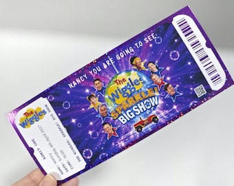 May include: A rectangular purple ticket for The Wiggles Sparkle! Big Show. The ticket features images of the performers, a car, and bubbles. Text includes NANCY YOU ARE GOING TO SEE, The Wiggles, ADMIT ONE, Name: Nancy, Date: Sunday 4th April 2027, Time: 16:00.