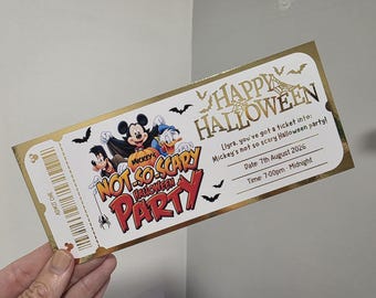 Personalised Foil souvenir MIckeys not so scary halloween party disneyworld disneyland paris ticket gift surprise voucher keepsake