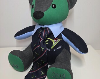 Memory Keepsake Bear from baby clothes school uniform weighted
