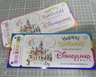 Personalised Birthday Disneyland Paris Foil surprise ticket, souvenir keepsake voucher memorabilia keepsake