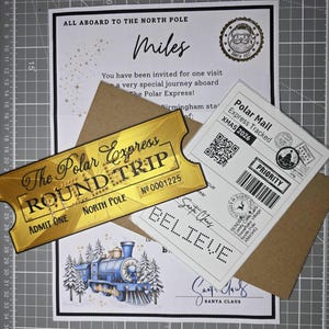 May include: A gold-colored Polar Express round trip ticket with the number 0001225, a white invitation letter addressed to Miles, a brown envelope, and a Polar Mail express tracked shipping label with a QR code and the word BELIEVE.