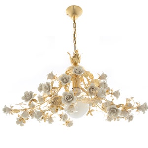 Princess Rose Chandelier Metal Structure Gold Plated and Capodimonte Porcelain Shining Roses Handmade By Our Artisans In Italy Napoleonitaly