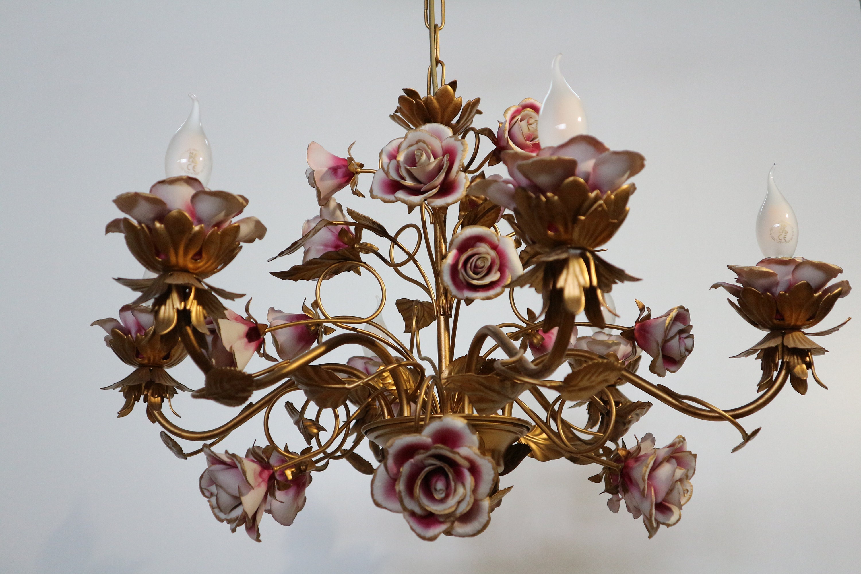 Capodimonte Handmade Porcelain Roses Chandelier 6 Lights Metal