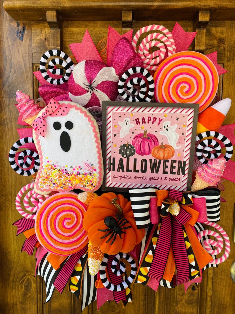Large Halloween Wreath, Trick or Treat Decor, Pink Spooky Halloween