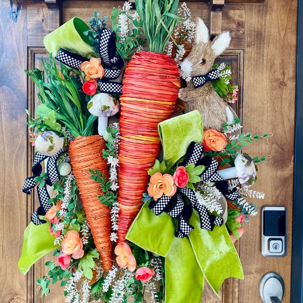 Easter Bunny Wreath, Modern Decor, elegant Spring Swag, Front porch celebration, easter centerpiece, carrot patch, housewarming gift, orange