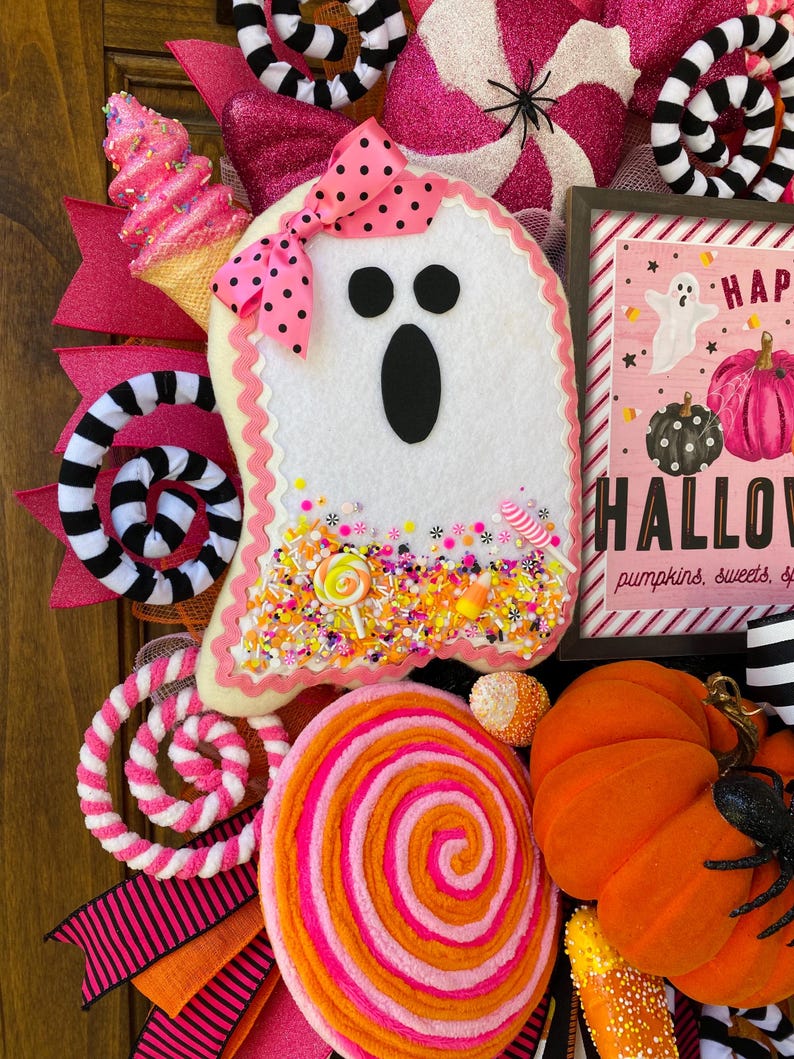 Large Halloween Wreath, Trick or Treat Decor, Pink Spooky Halloween