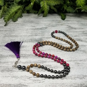 Strength Mala Necklace: Agate & Hematite, Vegan Wellness Jewelry