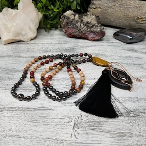 Handcrafted Grounding Mala Necklace: Hematite, Jasper, Rosewood