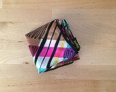 Vintage 1960s Glentex Square Handrolled 100 All Silk Scarf Additive Multicolor with Black Squiggles Lines Plaid Magenta Cyan Brown Green