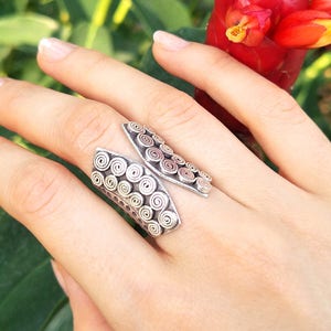 Tribal Ethnic Double Spiral Ring  - Handmade Silver Ring for Women - Adjustable Ring