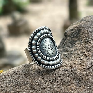 Geoxideerde ovale manchetring, tribal etnisch zilveren ring - Boho-ringen voor dames - verstelbare ring
