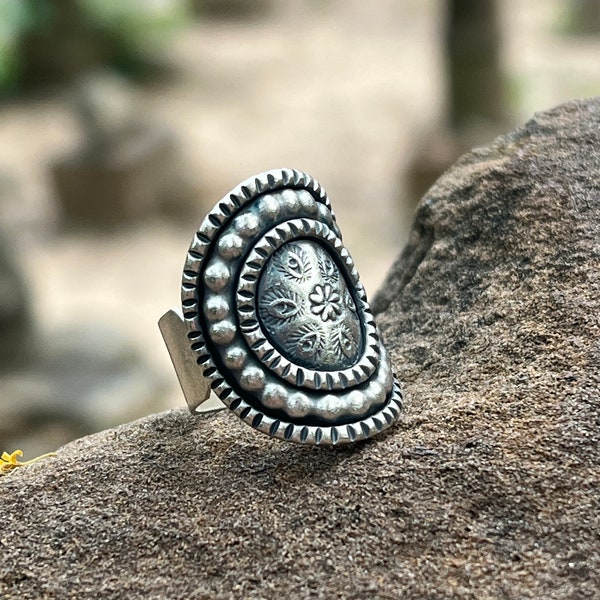 Oxidized Oval Cuff Ring, Tribal Ethnic Silver Ring - Boho Rings for Women - Adjustable Ring