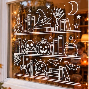 Halloween boekenplank kunstsjabloon, raamdecoratie, krijtstiftsjabloon, printbare boekenplank scène, deurspiegel decoratie, spookkunst