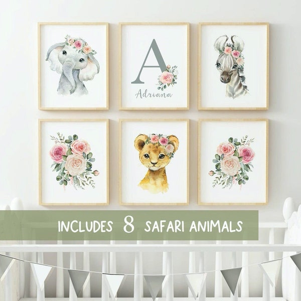 Custom name girl, Watercolor Safari Animal, Blush Pink Flowers,Boho Set of 8 Baby Girl Nursery Wall Art Decor Elephant,Zebra,lion, floral