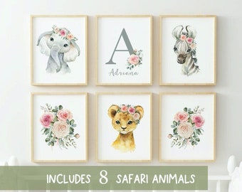 Custom name girl, Watercolor Safari Animal, Blush Pink Flowers,Boho Set of 8 Baby Girl Nursery Wall Art Decor Elephant,Zebra,lion, floral