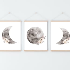 Set of 3 Moon phases Prints, floral Wall Art, Above Bed Art, Minimalist Moon Art, La Lune Affiche, Lunar Phases Wall Art, girls wall prints