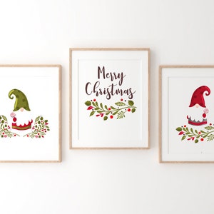 SET OF 3 Christmas Gnomes, Christmas Home Decor, Holiday Decor, Christmas Elf, Merry christmas Nordic Gnome, Watercolor Christmas Painting