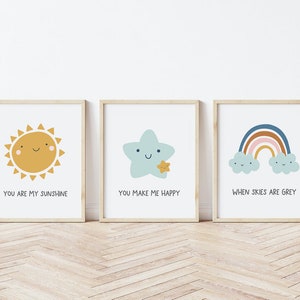 You Are My Sunshine, set of prints,Nursery Print, Sun, Rainbow, Cloud, baby quote print, Baby, Kids Room, Playroom, Nursery Decor, gift baby