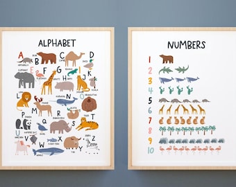 Afdrukken met dierenalfabet en cijfers: kinderkamerdecor (digitale download)