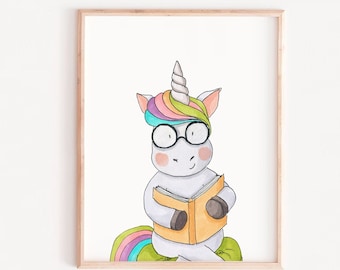 Unicorn READING Print; Nursery Decor; Nursery Wall Art; Illustration; Printable; Digital Download; Nursery Printable; Girl Wall Decor, read