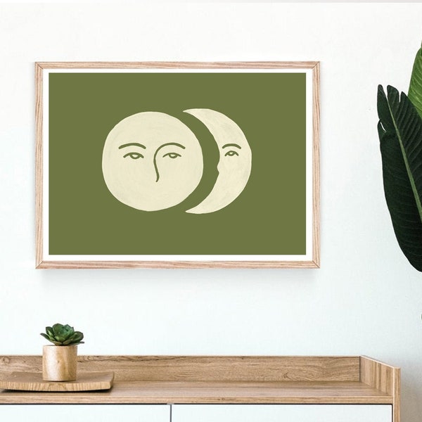 Neutral Green MOON, moon phases abstract,Landscape Print, Minimal art,Abstract, DIY Printable Wall Art Digital, Painting Green, Horizontal