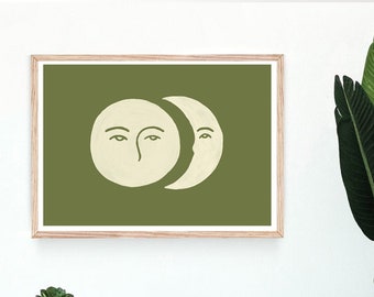 Neutral Green MOON, moon phases abstract,Landscape Print, Minimal art,Abstract, DIY Printable Wall Art Digital, Painting Green, Horizontal