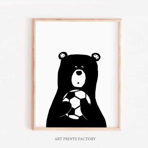 Bear soccer nursery art, soccer wall art,  sport wall art,soccer decor, boys sports,art bedroom ,boys art, childrens art,boys room decor,