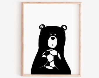 Bear Soccer Nursery Art Print: Boys Room Decor (Digital Download)