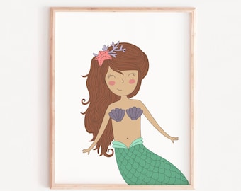Mermaid Wall art, nursery printable, Print Mermaid,  girls Deco,r Mermaid Art, Mermaid theme, girls Wall Art,  Bathroom, playroom, gift girl