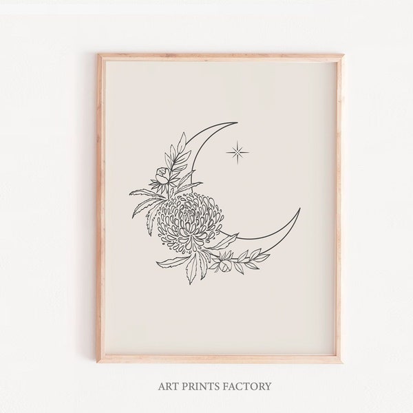 floral Moon Art Print,Abstract Moon Wall Art,Minimal Modern Celestial Art | peony Moon Poster | moon Wall Print | neutral moon, one line art