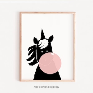 UNICORN KIDS PRINT, Unicorn Girl, bubble gum Kids Room Wall Decor, Monochrome Print, Black  White Modern Kids Poster, Childrens Nursery Art