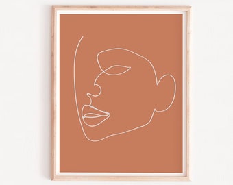 Burnt Orange Abstract Face Line Art Print: Boho Scandinavian Decor (Digital Download)